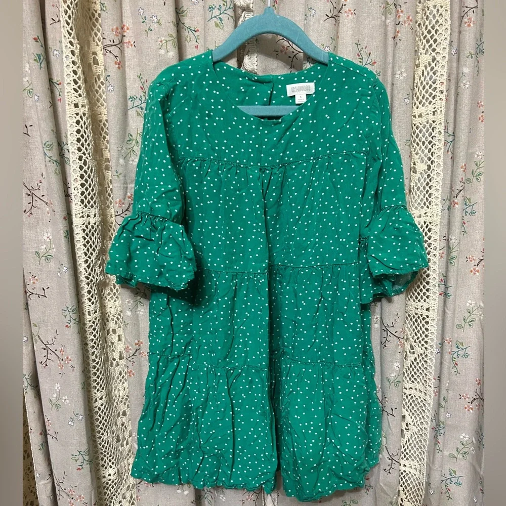 Gymboree Girl’s Green Polka Dot Puff Sleeves Tiered Dress‎ Size 6